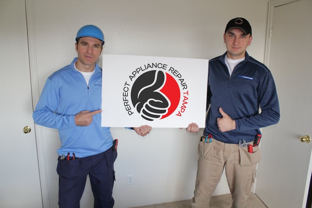 Anatoli Didenco, owner, and Nick, technician, holding the company sign