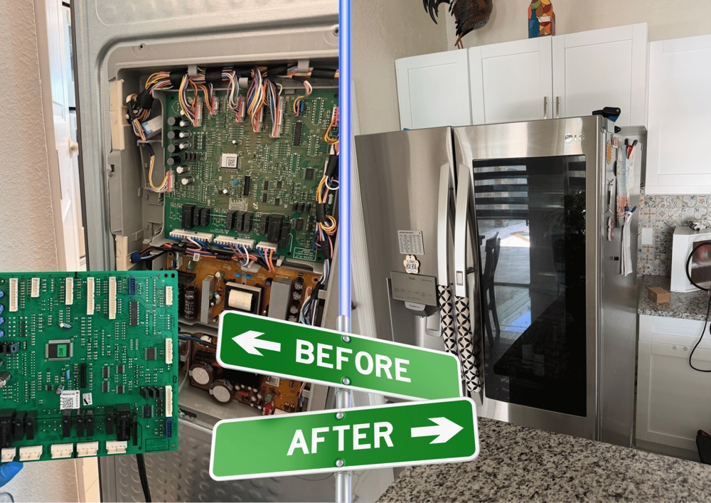 Refrigerator control board before and after component-level repair