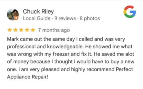 Note from a customer whose freezer was repaired the same day he called
