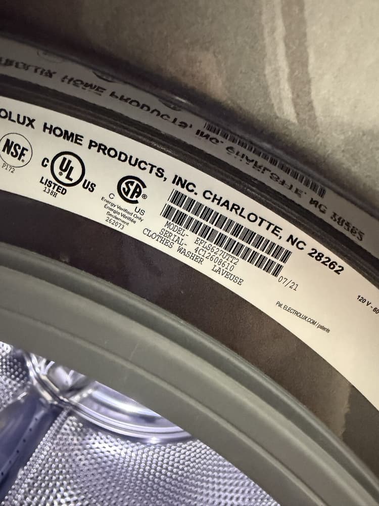 Electrolux EFLS627UTT2 model label on the washer door ring
