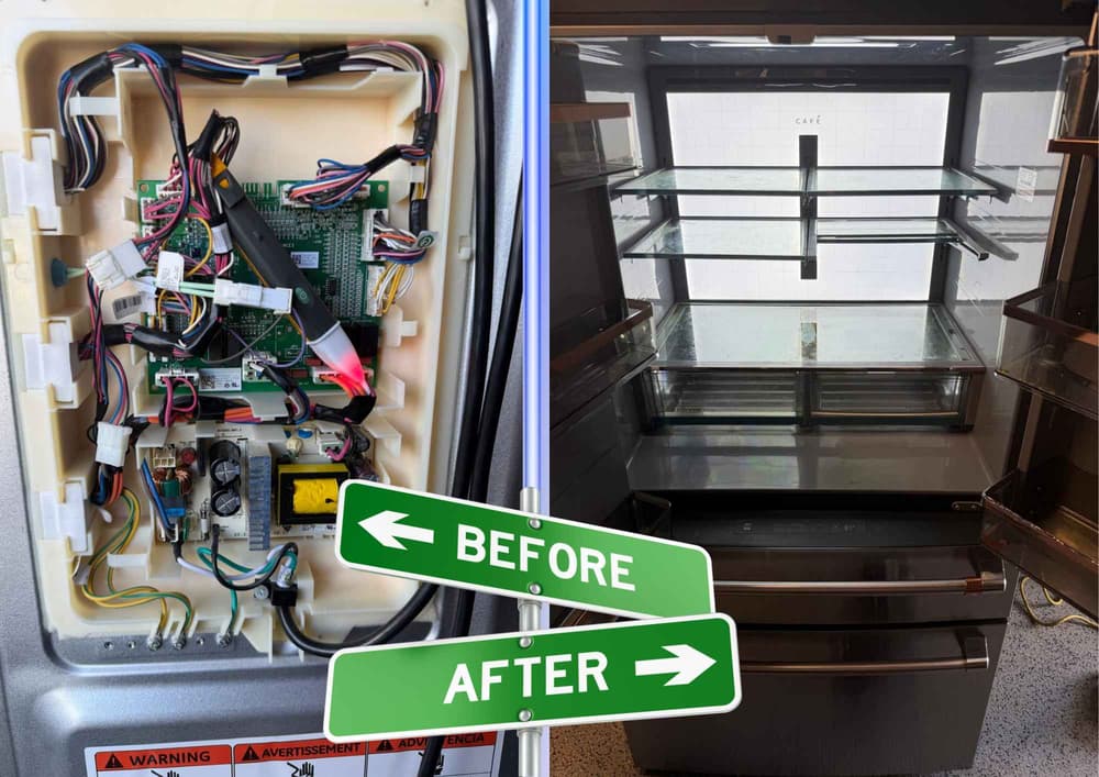 Before and after: surge-damaged GE Café control board during diagnostics, and the restored GE Café refrigerator — Wesley Chapel