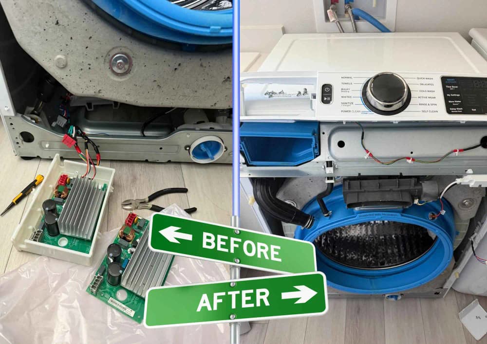 GE washer motor inverter board replacement on Gall Blvd, Zephyrhills FL — old inverter beside the new board, washer back in service