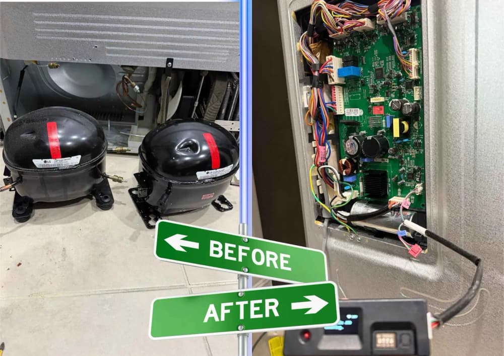 LG linear compressor replacement, before and after — the repair common on LG French-door refrigerators in Calusa Trace homes