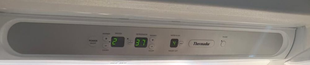 Thermador refrigerator control display reading 37 degrees in the fresh food compartment and 3 degrees in the freezer after a completed compressor replacement