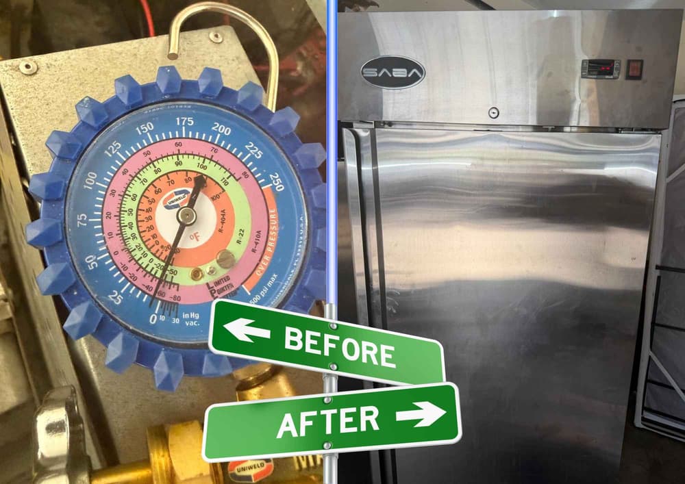 Before and after: manifold gauge diagnostics on the refrigerant side, and the restored SABA commercial reach-in freezer