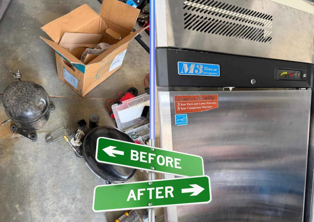 Turbo Air M3 commercial refrigerator compressor replacement on Allen Rd, Zephyrhills FL — failed compressor removed, unit back at temperature