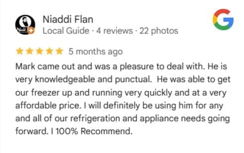 Note from a customer describing a punctual visit and a freezer running again at an affordable price