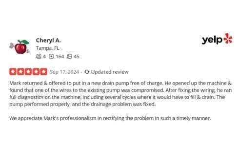 Note from a customer about a drain pump replaced free of charge on a return visit