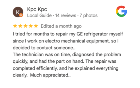 Five-star Google review: after months of trying to get an appliance repaired, the technician was on time, diagnosed the problem quickly, had the part on hand and explained everything clearly